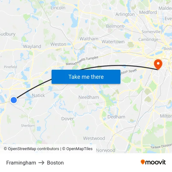 Framingham to Boston map