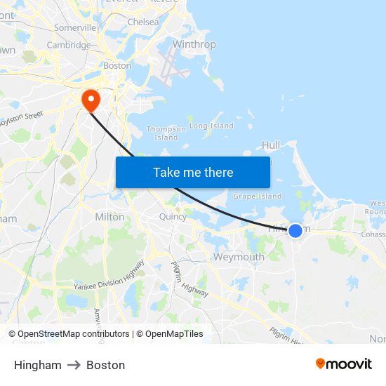 Hingham to Boston map