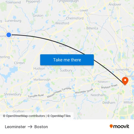 Leominster to Boston map