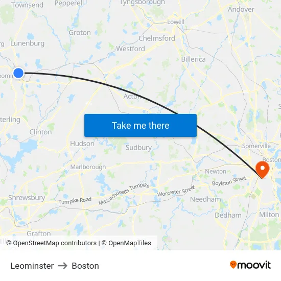 Leominster to Boston map