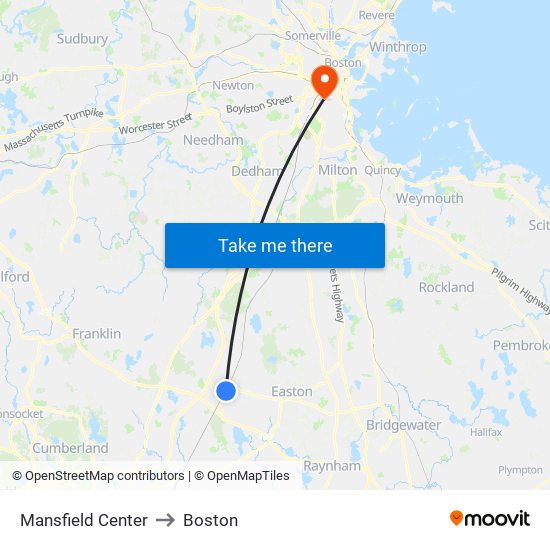 Mansfield Center to Boston map