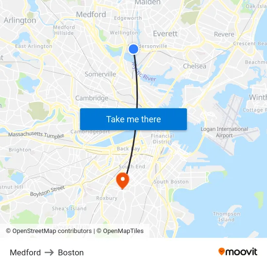 Medford to Boston map