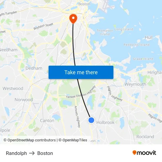 Randolph to Boston map