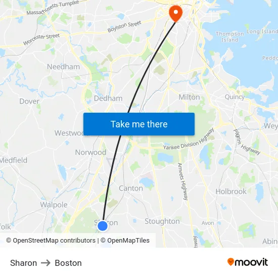 Sharon to Boston map