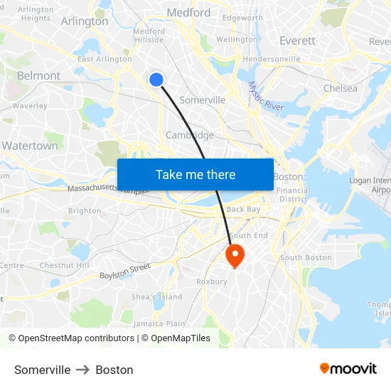 Somerville to Boston map