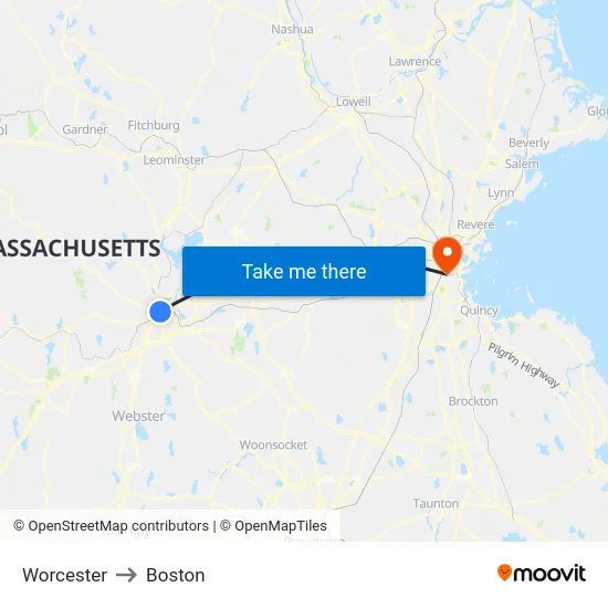 Worcester to Boston map