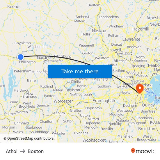 Athol to Boston map