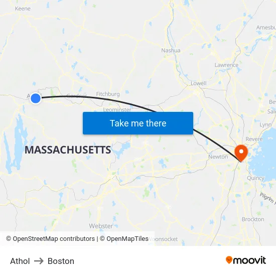 Athol to Boston map