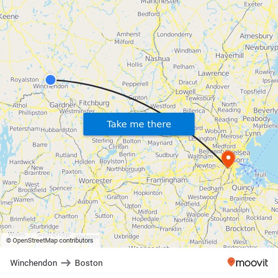 Winchendon to Boston map