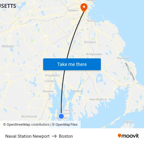 Naval Station Newport to Boston map