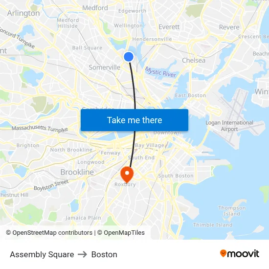 Assembly Square to Boston map
