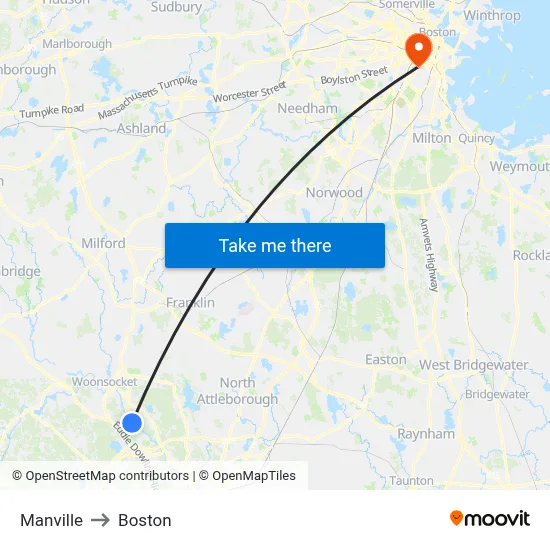 Manville to Boston map