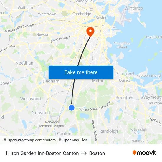 Hilton Garden Inn-Boston Canton to Boston map