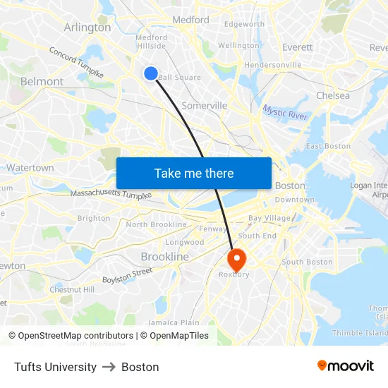 Tufts University to Boston map