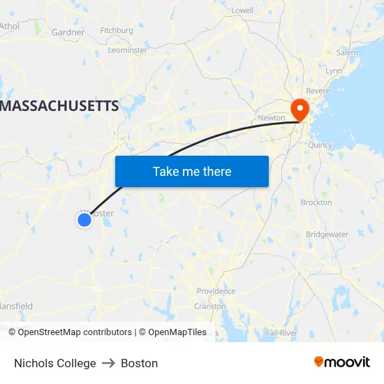 Nichols College to Boston map
