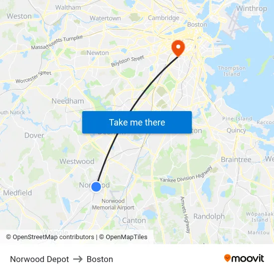 Norwood Depot to Boston map