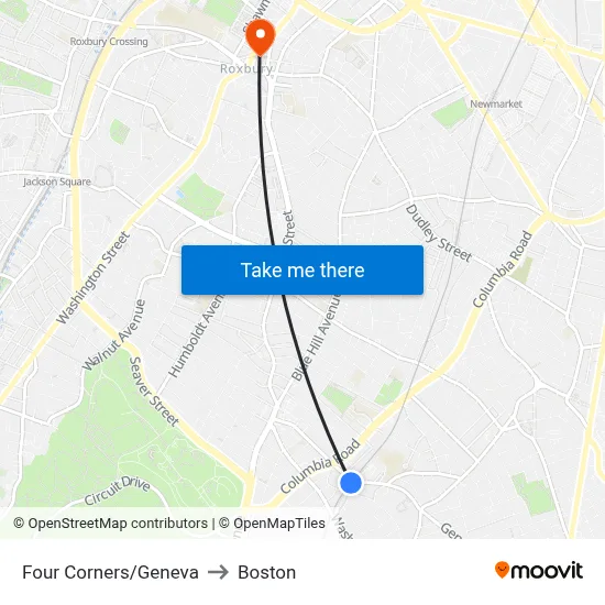 Four Corners/Geneva to Boston map