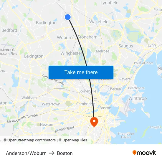 Anderson/Woburn to Boston map