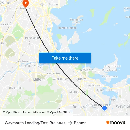 Weymouth Landing/East Braintree to Boston map
