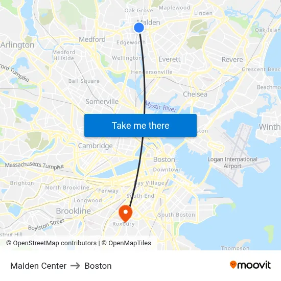 Malden Center to Boston map