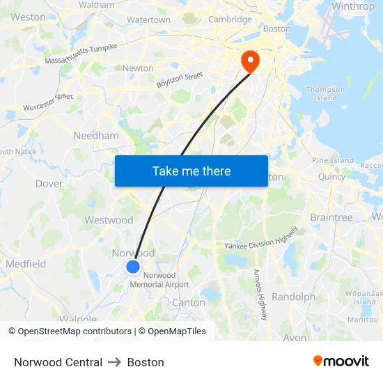 Norwood Central to Boston map