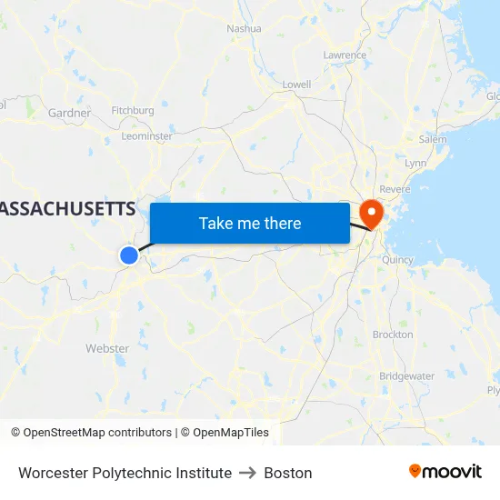 Worcester Polytechnic Institute to Boston map
