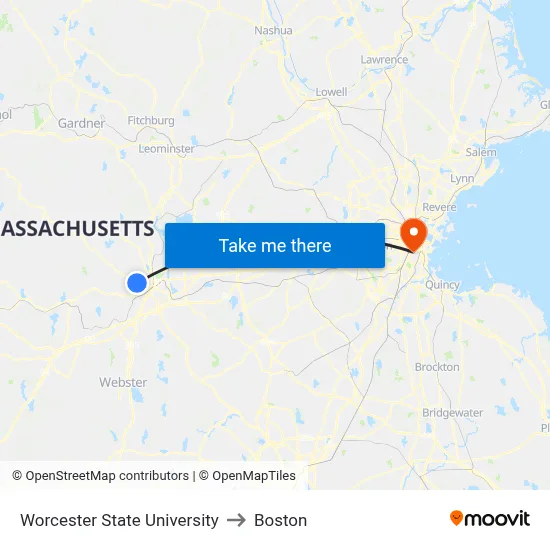Worcester State University to Boston map
