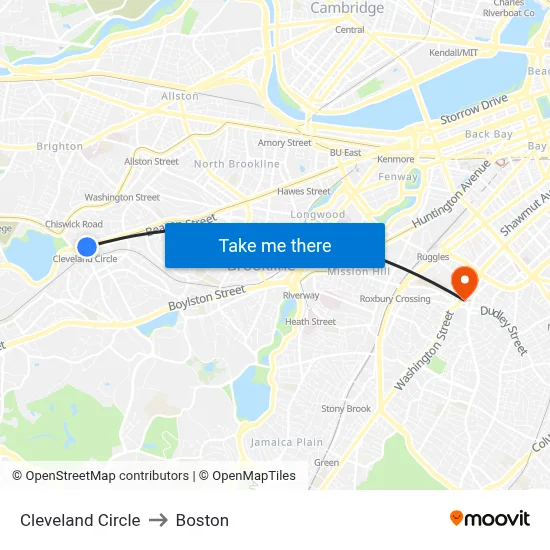 Cleveland Circle to Boston map