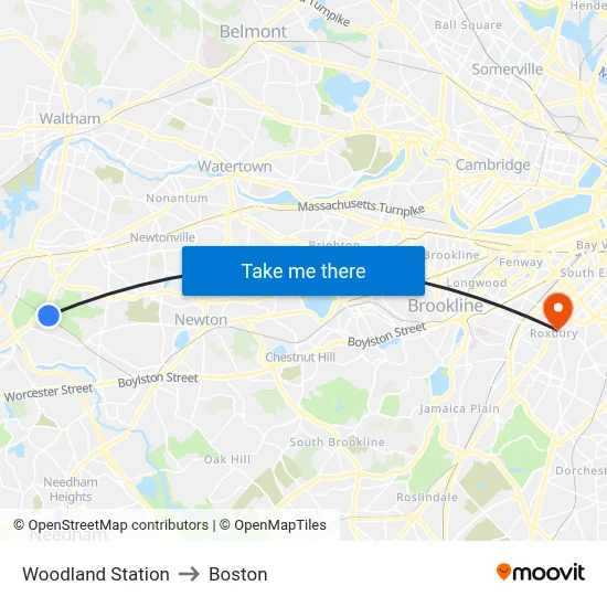 Woodland Station to Boston map