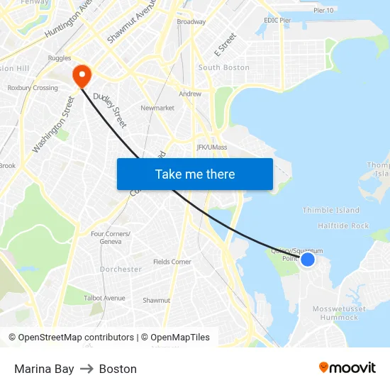 Marina Bay to Boston map