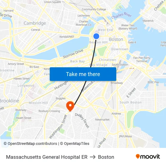 Massachusetts General Hospital ER to Boston map