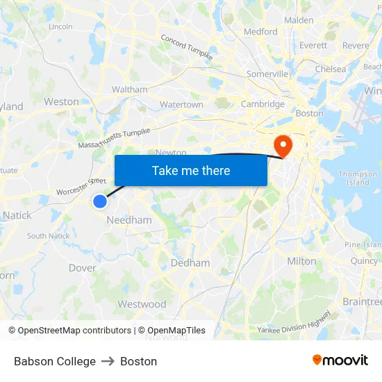 Babson College to Boston map