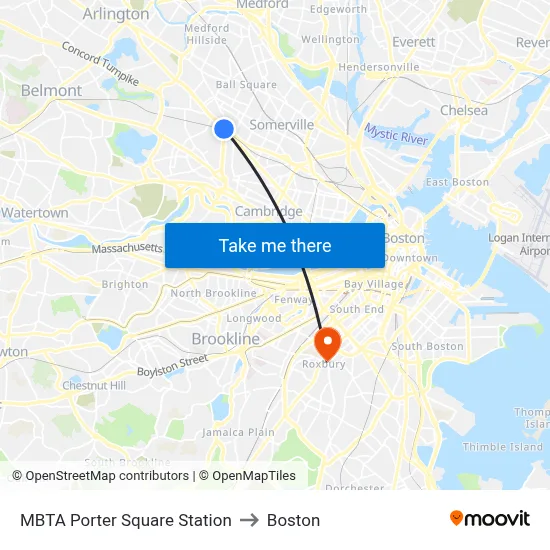 MBTA Porter Square Station to Boston map