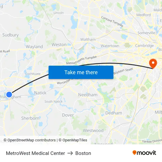 MetroWest Medical Center to Boston map