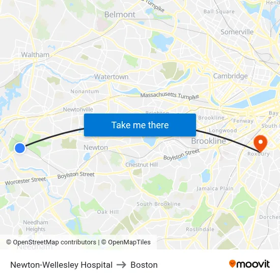 Newton-Wellesley Hospital to Boston map