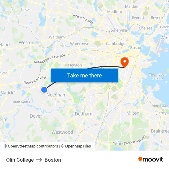 Olin College to Boston map