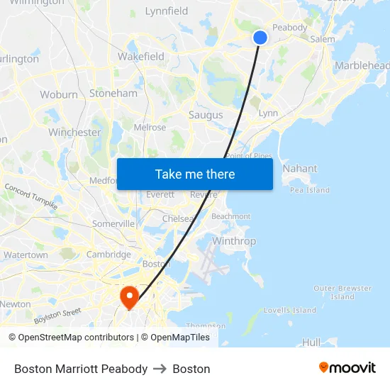 Boston Marriott Peabody to Boston map