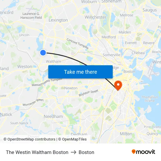 The Westin Waltham Boston to Boston map