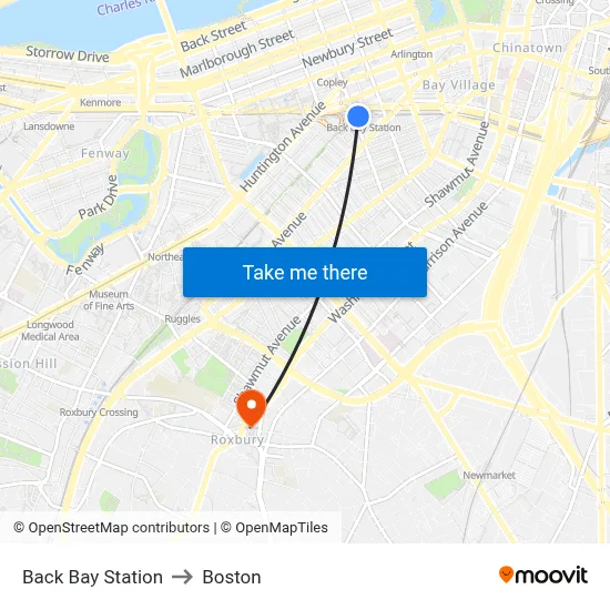 Back Bay Station to Boston map