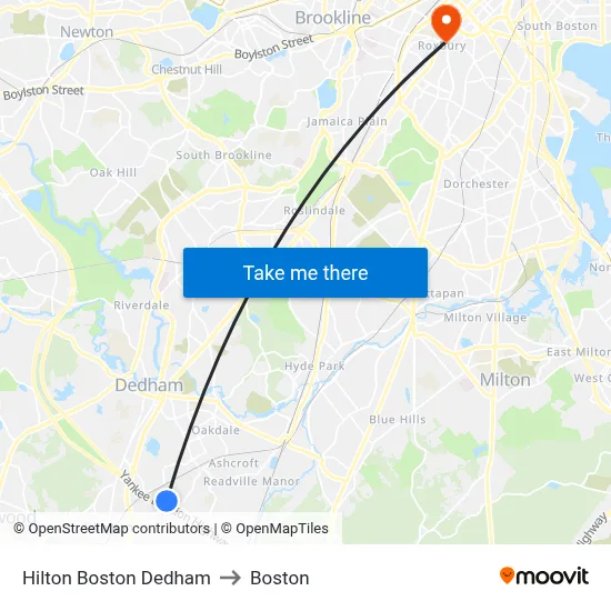 Hilton Boston Dedham to Boston map
