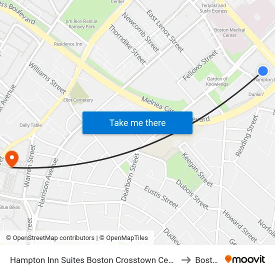 Hampton Inn Suites Boston Crosstown Center to Boston map