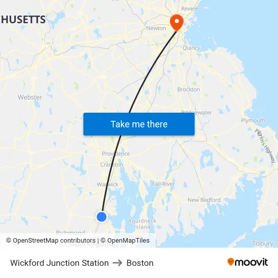 Wickford Junction Station to Boston map