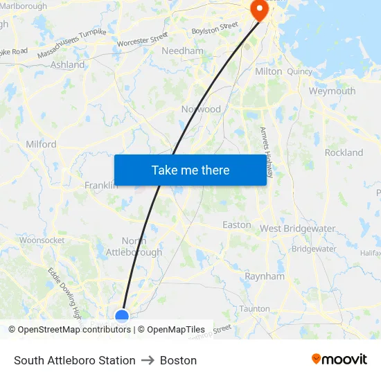 South Attleboro Station to Boston map
