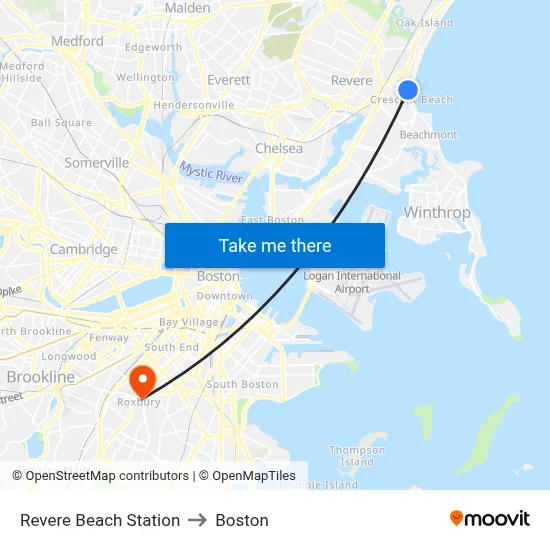 Revere Beach Station to Boston map