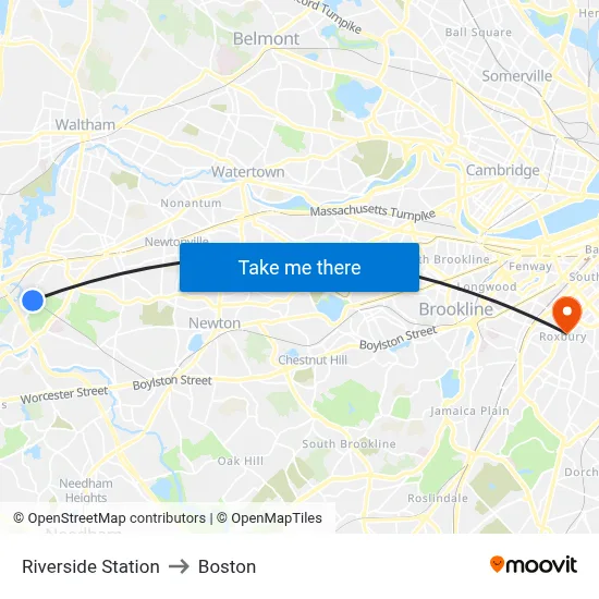 Riverside Station to Boston map