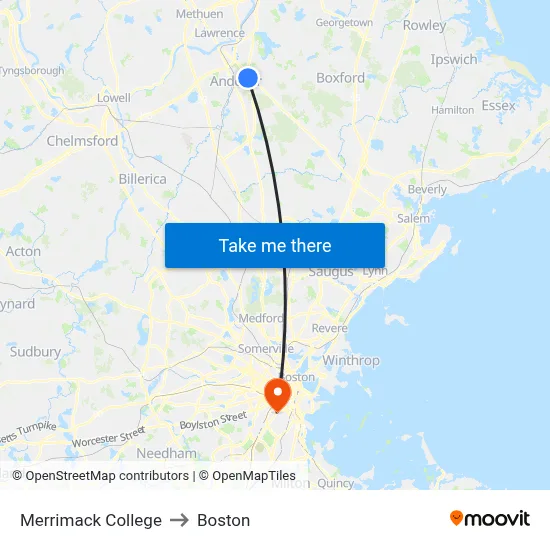 Merrimack College to Boston map