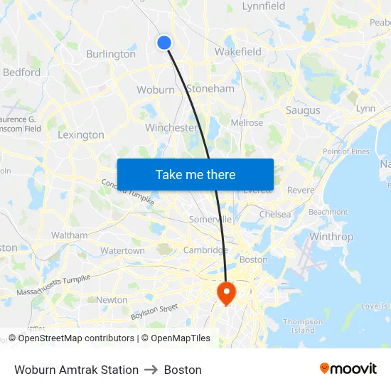 Woburn Amtrak Station to Boston map