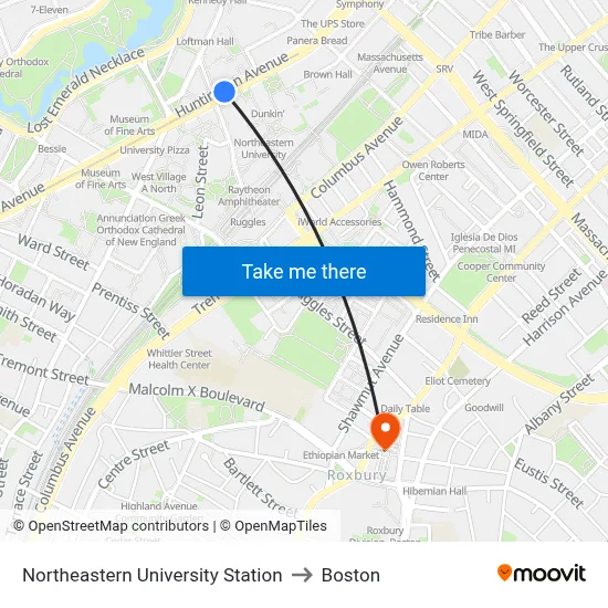 Northeastern University Station to Boston map