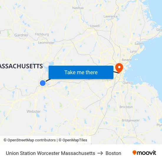 Union Station Worcester Massachusetts to Boston map