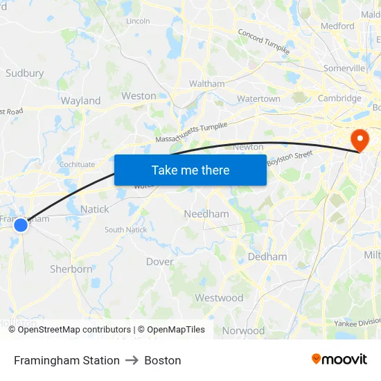 Framingham Station to Boston map